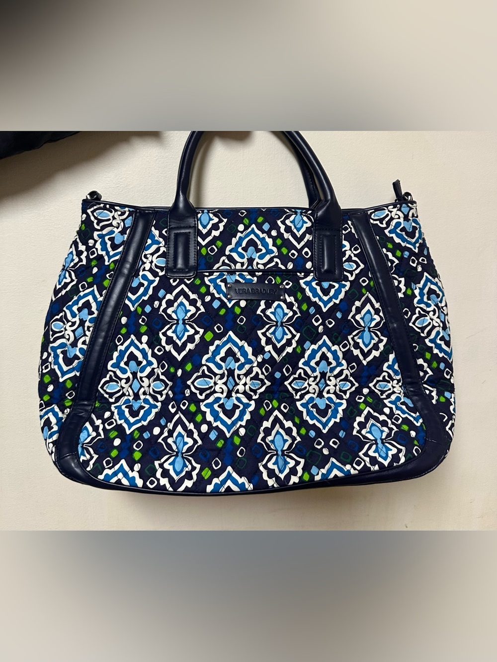 Vera Bradley Trimmed Trapeze Tote Satchel Handbag in Ink Blue Pattern XL Size